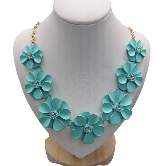 Forget Me Not Flower Statement Necklace Light Blue Acrylic Rhinestone Centers - Picture 1 of 15